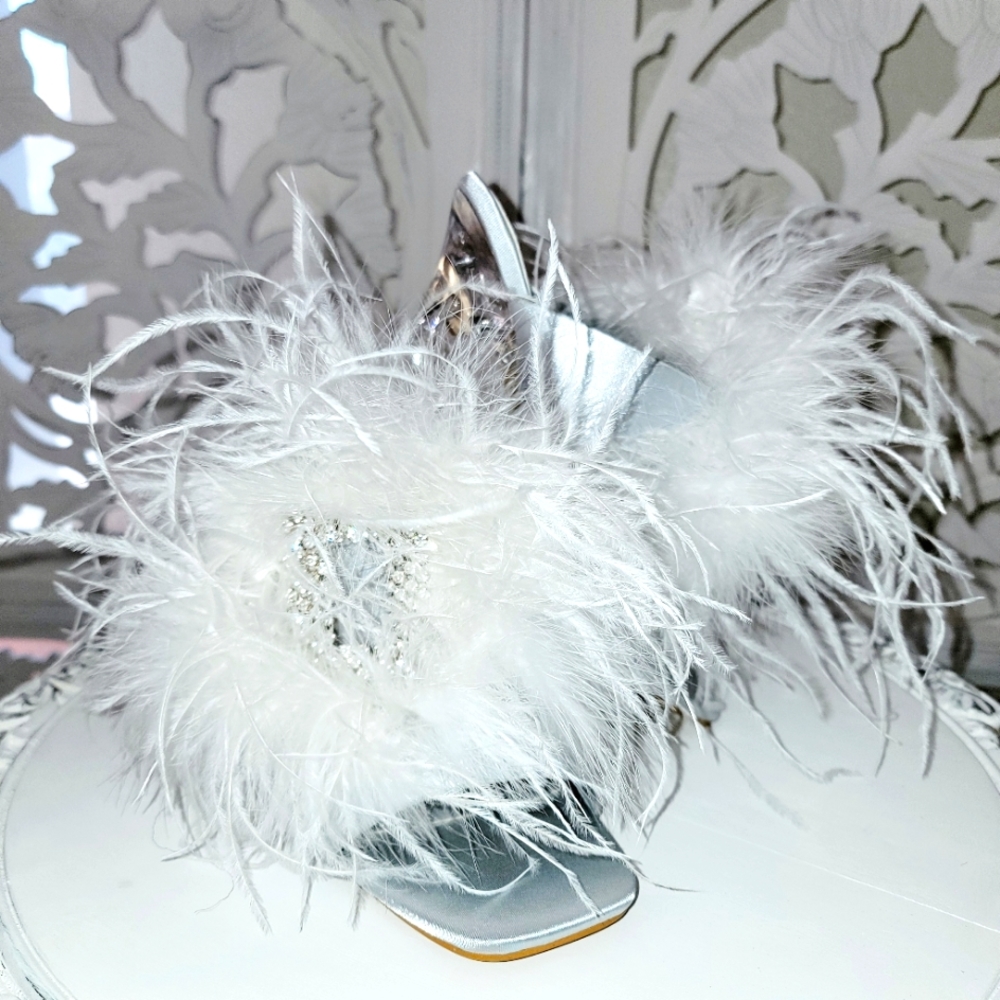 "WHITE SWAN" Silver & White Feather Crystal Heels